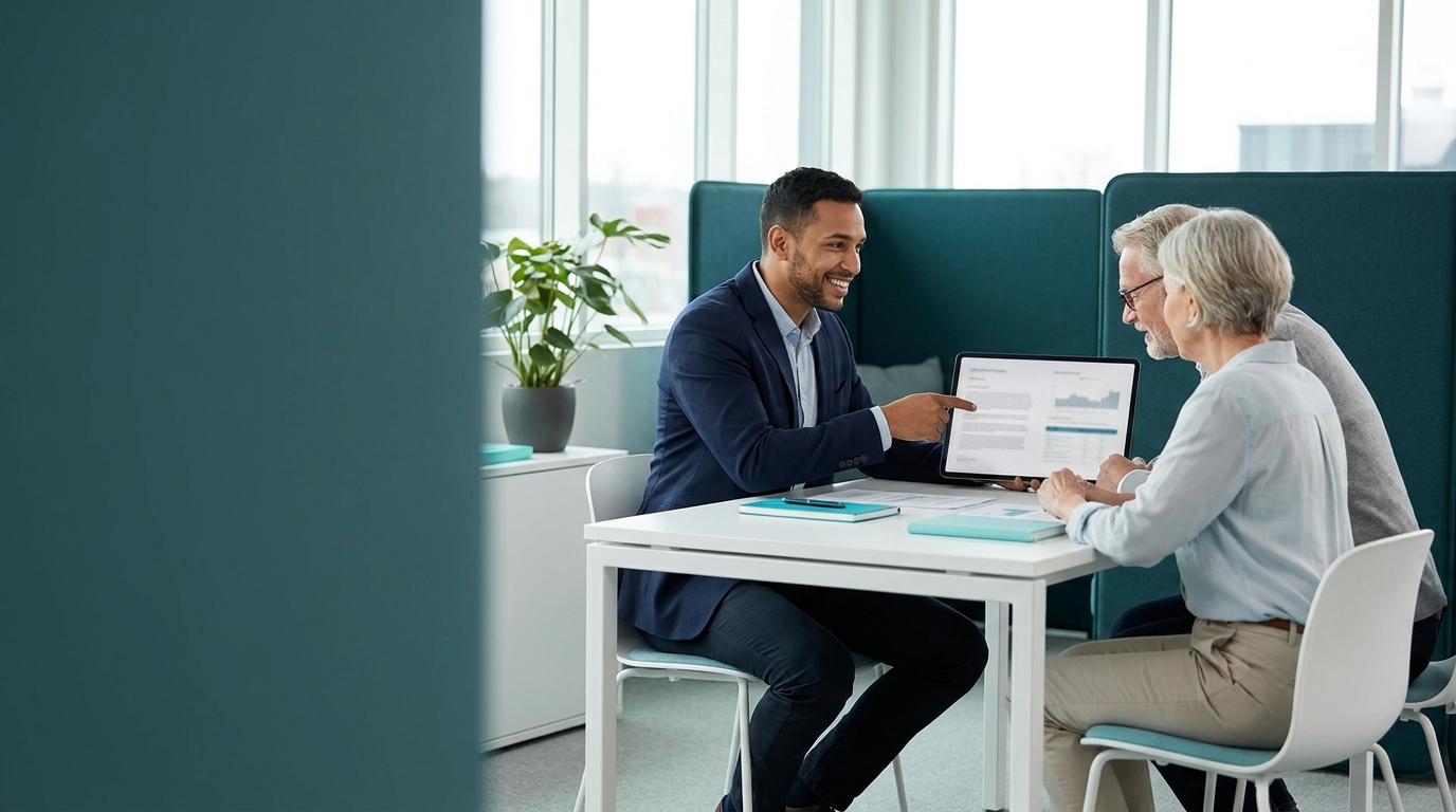 Corretor de seguros da Valor Safe orientando clientes durante uma cotacao