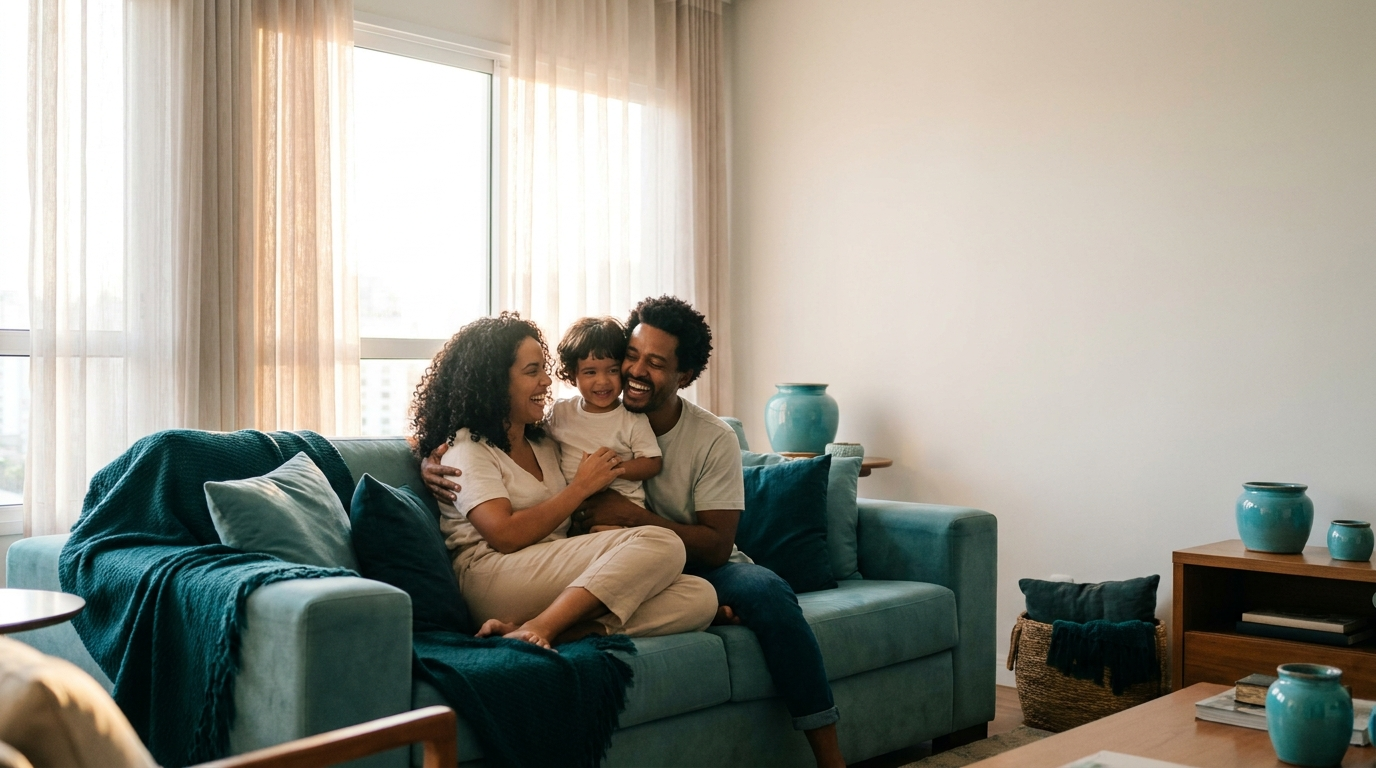 Familia reunida em casa representando o seguro de vida da Valor Safe